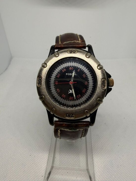 Fossil Other - Vintage Fossil FS9883 Mens Brown Leather Watch Black Dial Aged Silver Tone